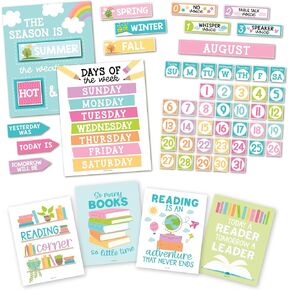 Hadley Designs 1 مجموعات ألواح Bulletin Calender Contlulfl Pastel ، و 6 ملصقات قراءة لزخارف المكتبة ، والتقويم المدرسي ، وديكور ركن القراءة للفصول الدراسية