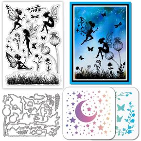 GLOBLELAND Fairy Silhouette Clear Silicone Stamp Metal Wildflowers Grass Elves Cutting Die Cuts Moon Star Paint Craft Stencils for Card Making Scrapbooking Craft DIY Embossing