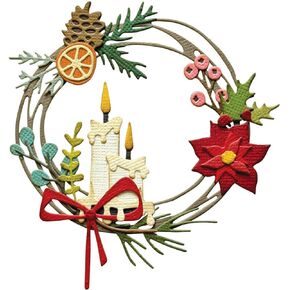 Christmas Wreath Dies for Card Making DIY Scrapbooking Xmas Leaves Candle Xmas Garland Poinsettia Metal Cutting Dies for Paper Crafting Handmade Crafts Arts Supplies Scrapbook Photo Album Decor