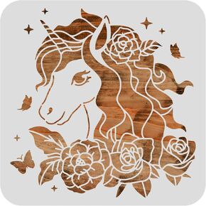 BENECREAT 12x12" Fantasy Horse Plastic Stencils, Flowers, Butterflies, Stars Cutouts Painting Template for Painting, Wood Burning, Pyrography and Engraving Crafts