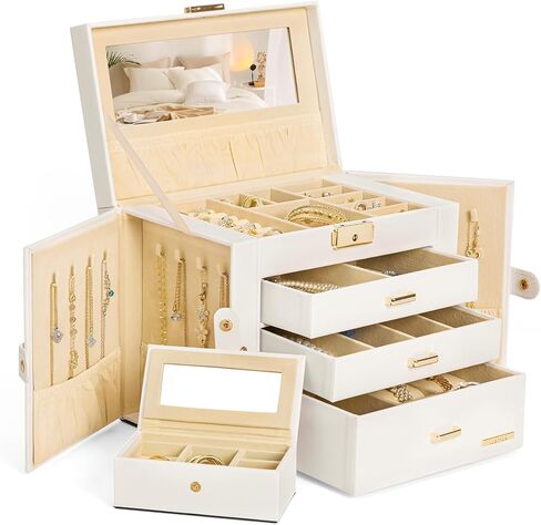 Homde Jewelry Box for Women Girls with Small Travel Case Mirror Necklace Ring Earrings Organizer (White + Gold) in Kuwait