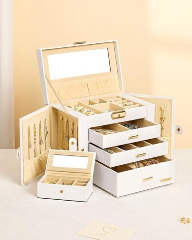 Homde Jewelry Box for Women Girls with Small Travel Case Mirror Necklace Ring Earrings Organizer (White + Gold) in Kuwait