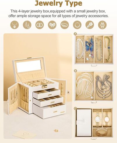 Homde Jewelry Box for Women Girls with Small Travel Case Mirror Necklace Ring Earrings Organizer (White + Gold) in Kuwait
