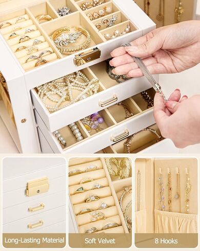 Homde Jewelry Box for Women Girls with Small Travel Case Mirror Necklace Ring Earrings Organizer (White + Gold) in Kuwait