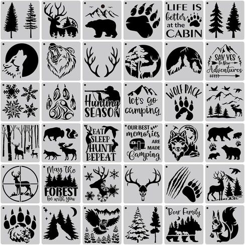 36 Pcs Animal Painting Stencils Tree Stencils Template Reusable Forest Mountain Stencils Bear Wolf Deer Animal Stencil for Painting on Wood Wall Rocks Canvas DIY Crafts Home Décor in Kuwait