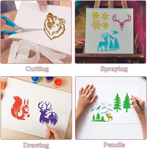 36 Pcs Animal Painting Stencils Tree Stencils Template Reusable Forest Mountain Stencils Bear Wolf Deer Animal Stencil for Painting on Wood Wall Rocks Canvas DIY Crafts Home Décor in Kuwait
