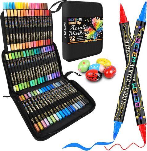Betem 72 Colors Paint Markers Acrylic Paint Pens, Dual Tip with Brush Tip and Fine Tip, Art Supplies for Rock Painting, Wood, Canvas, Stone, Glass, Ceramic, DIY Crafts Making Drawing Kit with Bag in Kuwait