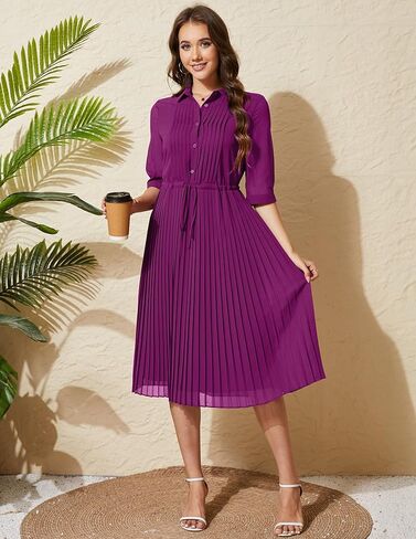 Women's Autumn Collar V Neck Long Sleeve Extra Long A-Line Dress 2024 Elegant Pleated Skirt Fashion Dress in Kuwait