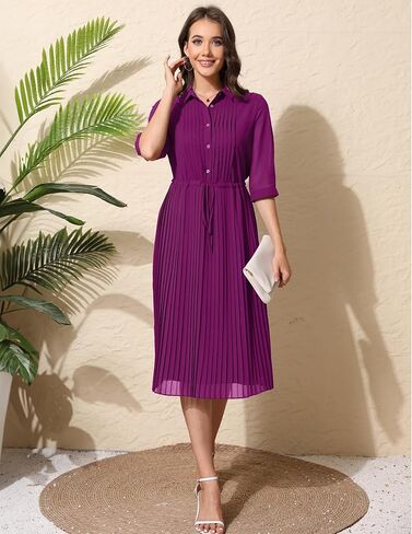 Women's Autumn Collar V Neck Long Sleeve Extra Long A-Line Dress 2024 Elegant Pleated Skirt Fashion Dress in Kuwait