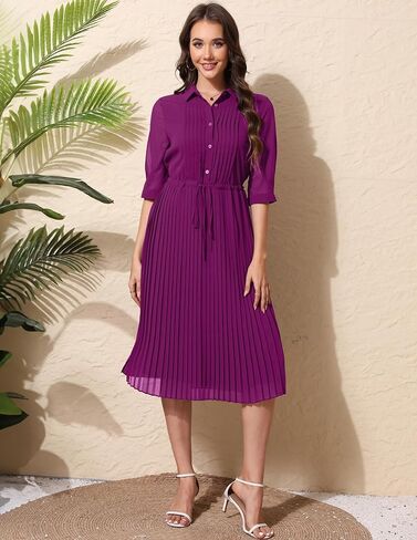 Women's Autumn Collar V Neck Long Sleeve Extra Long A-Line Dress 2024 Elegant Pleated Skirt Fashion Dress in Kuwait