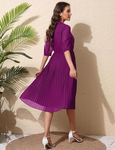 Women's Autumn Collar V Neck Long Sleeve Extra Long A-Line Dress 2024 Elegant Pleated Skirt Fashion Dress in Kuwait