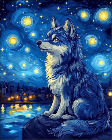 Starry Night Wolf Paint by Numbers, Wolf at Night Sky Paint by Number Kits for Adults Beginner on Canvas Without Frame, Animals Acrylic DIY Oil Painting for Gift Home Wall Art - Blue(16x20inch) in Kuwait