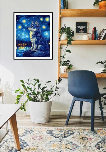 Starry Night Wolf Paint by Numbers, Wolf at Night Sky Paint by Number Kits for Adults Beginner on Canvas Without Frame, Animals Acrylic DIY Oil Painting for Gift Home Wall Art - Blue(16x20inch) in Kuwait