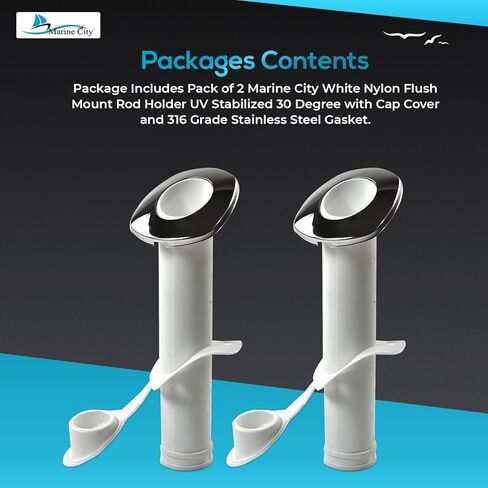 MARINE CITY White Nylon Flush Mount Rod Holder UV Stabilized 30 Degree with Cap Cover and 316 Stainless Steel Gasket in Kuwait