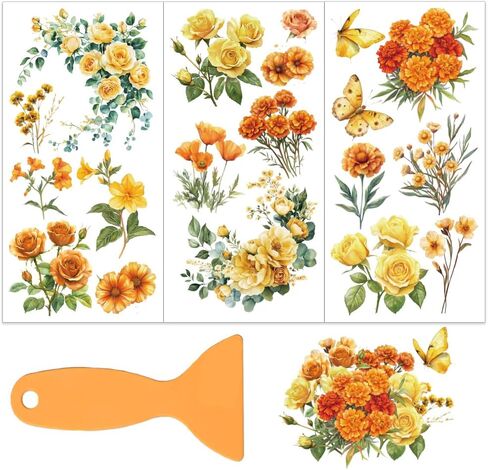 OLYCRAFT 3pcs/Set Orange Flower Rub on Transfers for Furniture and Crafts 6x12 Inch Yellow Flower Furniture Decals Transfer Stickers Rub on Decal with 1pc Scraper for Window Home Decoration in Saudi Arabia
