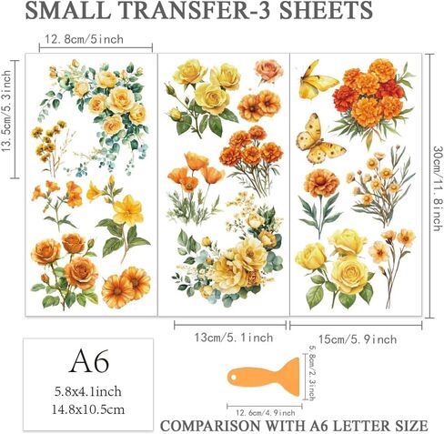 OLYCRAFT 3pcs/Set Orange Flower Rub on Transfers for Furniture and Crafts 6x12 Inch Yellow Flower Furniture Decals Transfer Stickers Rub on Decal with 1pc Scraper for Window Home Decoration in Saudi Arabia