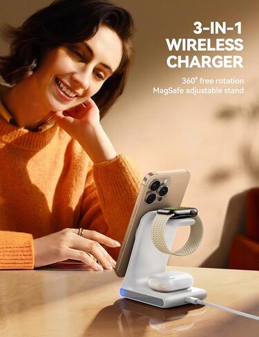 محطة الشحن اللاسلكية 3-in-1 ، حامل شاحن الهاتف اللاسلكي متوافق مع شاحن Magsafe ، محطة شحن 15W لأجهزة متعددة لـ iPhone 16 ، 15 ، 14 ، 13 ، Apple Watch ، AirPods in Kuwait