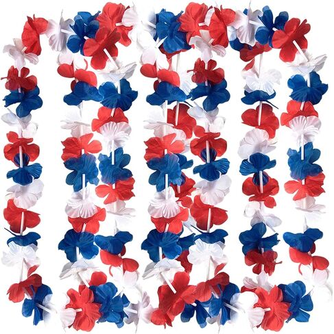 Podzly - 50 Piece Patriotic Plastic Red, Blue, and White Flower Leis - Perfect for Fourth of July, Memorial Day & Parade Decorations - Ideal as Necklaces,Theme Float Decorations & Theme Accessories in Saudi Arabia