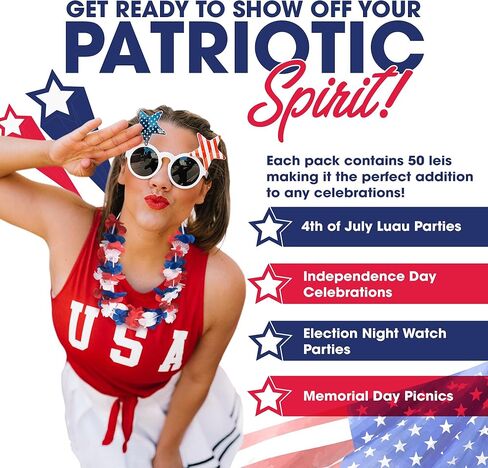 Podzly - 50 Piece Patriotic Plastic Red, Blue, and White Flower Leis - Perfect for Fourth of July, Memorial Day & Parade Decorations - Ideal as Necklaces,Theme Float Decorations & Theme Accessories in Saudi Arabia