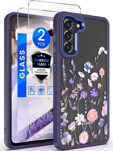 Dretal for Samsung Galaxy S21 5G Case Floral, Military Grade Drop Tested Hard Back & Soft Edge Slim Flower Women Girls Phone Protective Cover + Tempered Glass Screen Protector for Galaxy S21(Purple) in Kuwait