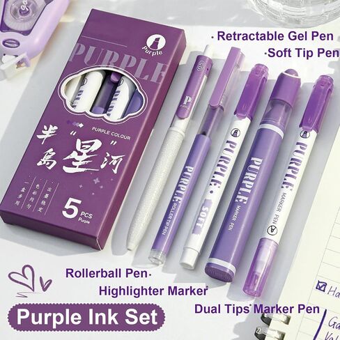 5 Pcs Purple Ink Pens Set - Highlighter Marker Gel Pens Writing Drawing Marking Pen, Highlighters Colored Pen for Boys Girls Women Office School Supplies (Purple Set) in Saudi Arabia