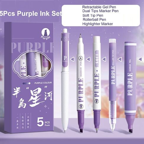 5 Pcs Purple Ink Pens Set - Highlighter Marker Gel Pens Writing Drawing Marking Pen, Highlighters Colored Pen for Boys Girls Women Office School Supplies (Purple Set) in Saudi Arabia