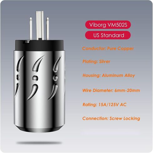 Viborg HiFi Power Plug, VM502R+VF502R, Rhodium-Plated Pure Copper Non-Magnetic, AC Mains Plug, Audio Power Plug, Aluminum, Hi-End US Power Plug+IEC C15 Power Connector for DIY Audiophile Power Cord in Saudi Arabia