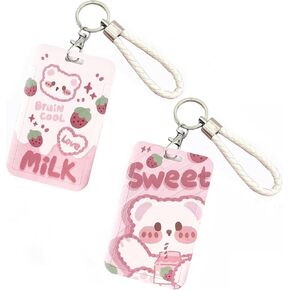 2 Pcs Kpop Photocard Holder Keychain Cute Bear Strawberry Kpop ID Badge Holder with Keychain Badge Reel Stationery for Back to School Student Bus Card Pendant Keychain (Pink)