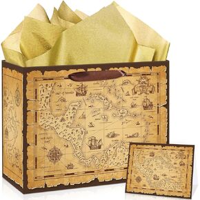 Yomaiha Large Pirate Gift Bag Treasure Map Gift Bag with Tissue Paper and Card Treasure Hunt Gift Wrapping Paper Bag Pirate Birthday Favor Bag for Nautical Birthday Christmas Party Supplies