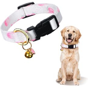 Small Dog Collars for Female Dogs, Cotton Handmade Pink Girly Puppy Collar - White&Pink Love Heart with Pendant, Neck 9-13in