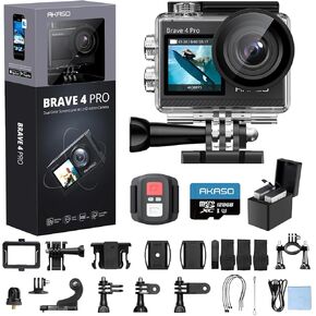 حزمة كاميرا AKASO Action مع كاميرا رياضية Brave 4 Pro 4K30fps، وبطاقة MicroSD U3 سعة 64 جيجابايت، وجهاز تحكم عن بعد، وحقيبة مقاومة للماء، وبطاريات 2 × 1350 مللي أمبير في الساعة، وشاحن وملحقات أخرى in Kuwait