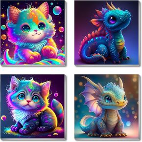 Arpilul 4 Pack Paint Paint بأرقام 8 × 8 بوصة Small سهلة Dragon Paint بأرقام مجموعات Cat على قماش ، لوحة زيت أكريليك مثالية للديكور الجدران المنزلي ديكور العطلات (Z-YH37)