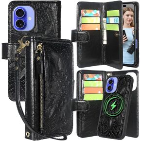 Harryshell for iPhone 15 / iPhone 14 / iPhone 13 Detachable Magnetic Case Wallet,Compatible with Magsafe Wireless Charging, [Theft-Scan Blocking] Card Slots, Cash Zipper Strap (Floral Blue Green) in Kuwait