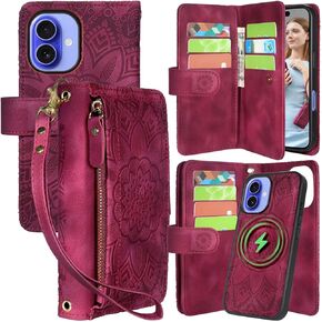 Harryshell for iPhone 15 / iPhone 14 / iPhone 13 Detachable Magnetic Case Wallet,Compatible with Magsafe Wireless Charging, [Theft-Scan Blocking] Card Slots, Cash Zipper Strap (Floral Blue Green)