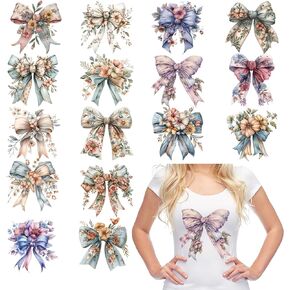 16 Sheets Floral Bow Iron on Transfers for T-Shirts, Vintage DTF Transfers Ready to Press Heat Transfers Vinyl, Iron on Patches Decals for Clothes Backpack Bag Pillow Covers DIY Crafts
