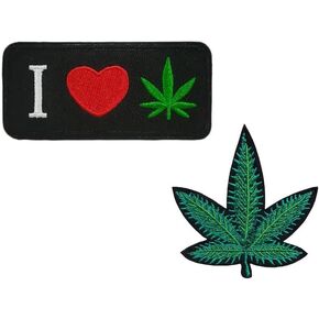Cute-Patch 2pcs Set I Love Pot Leaf Grass Hemp Embroidered Iron on Patches Hippie Boho Marijuana Emblem