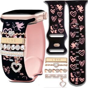 Valentine Engraved Band with Charms Compatible Apple Watch Women 38mm 40mm 41mm,Blingbrione Flower Butterfly Print Cute Strap Charm for iphone Watch Series Ultra 10 9 8 7 SE 6 5 4 3 2 1-rose star38