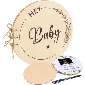 Baby Shower Guest Book, Wooden Baby Shower Guest Book Alternatives, Welcome Baby Shower Sign in Guest Book for Girl Boy, Wood Guestbook Keepsakes (Hey Baby, Wood)