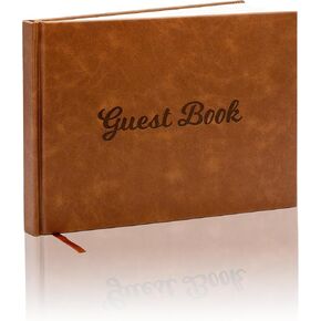 Brown Leather Guest Book - 9.5 x 7 Embossed Guestbook with Name Address Message Lines for Wedding Funeral Retirement Party, 140 GSM Paper, 120 Pages