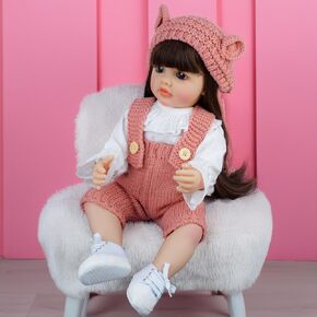 Pinky Lovely 22inch 55cm Reborn Baby Dolls Girl Life Full Body Vinyl Newborn Baby Baby Dolls واقعية تبدو لعبة Brown Long Hair Girl Doll للأعمار 3+
