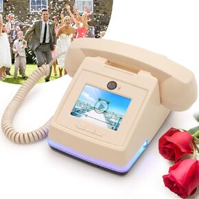 UKBW Audio Guest Book Phone Wedding ، 32G سجل رسالة صوتية مخصصة مع دفتر ضيوف ، دفتر زوار صوتي Retro لأحضاع أعياد الميلاد مناسبات خاصة ، Beige