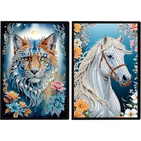 DCIDBEI 2 Pack DIY Diamond Painting Noteber Tiger Horse A5 فارغة الماس Diamond Paintbook Sketchbook Book Rhinestone Craft Diamond Art Notebook طلاب 50 أوراق Diamond Journal Kits