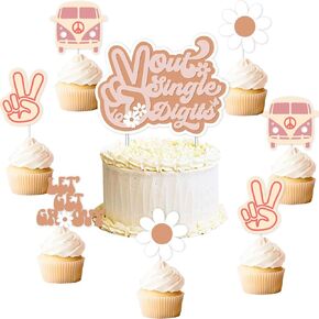 Groovy 10th Hirtrible Topper for Girls ، Peace Out Single Cake Topper ، دعونا نحصل على أغطية كب كيك رائعة ، وأرقام مزدوجة ديكورات حفلة عيد ميلاد ، وأرجعية من طراز Boho 10th Birthday Party Supplies