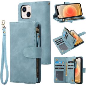 RANYOK Wallet Case Compatible with iPhone 13 Mini (5.4 inch), Premium PU Leather Zipper Flip Folio Wallet RFID Blocking with Wrist Strap Magnetic Closure Built-in Kickstand Protective Case (Pink)