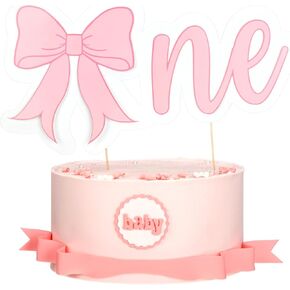 Honeydak Pink Bow 1 كعكة عيد ميلاد Topper- Coquette واحدة من زخارف حفلة عيد ميلاد ، الفراشة فتاة حلوة زخارف كعكة عيد الميلاد الأولى ، ربطة عنق الوردي 1st عيد ميلاد تحطيم الدعائم