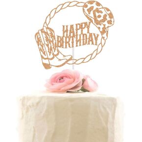 XIUHUBA Cowgirl Happy Birthday Cake Topper with Rope Boot, Mexican Western Birthday Cake Decorations, Glitter Fiesta Theme Girls Women Birthday Party Decor Supplies Rose Gold