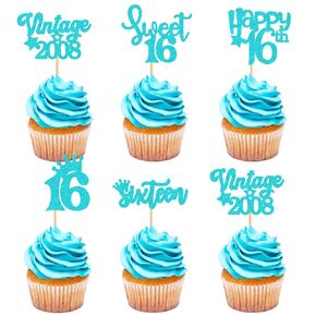 Ercadio 24 Pack Sweet 16 Cupcake Toppers Red Glitter Hello 16 Cupcake Toppers Sixteen Happy 16th Cupcake Picks 16 Happy Birthday Cake Toppers for 16th Birthday Party Cake Decor Supplies