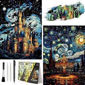 Glow in the Dark Scratch Art Rainbow Painting Paper ، 2 Pack Van Gogh Style Art Art Creative Craft Tools ، Fun Magic DIY Card Scratchboard for Kids & Come (Amusement Park+Castle)