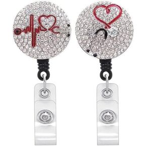 2Pcs Silver Nurse Badge Reels Retractable Bling Badge Reel Nursing for Medical Assistant Hospital Rhinestones Heart ID Badge Holder with Clips Badge Reel Accessories,Identification Badges and Supplies