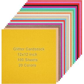 100PCS Glitter Cardstock 12x12 inch Glitter Paper Cardstock, Colored Cardstock Paper No-Shed Shimmer Glitter Paper for Scrapbooking, Card Making, Craft Supplies（250G）